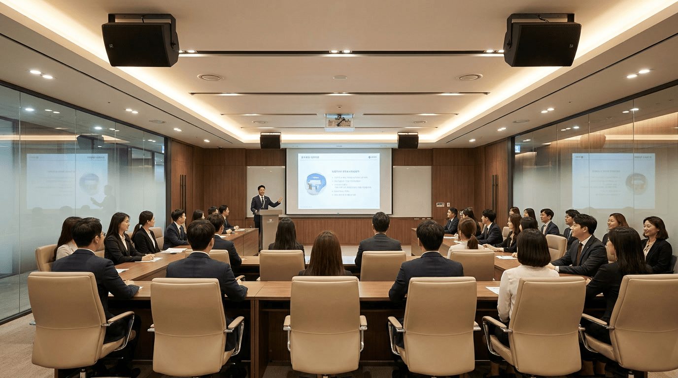 맨 뒷줄 직원들이 선명하게 발표를 듣고 있는 한국 기업 회의실 개선 후 모습