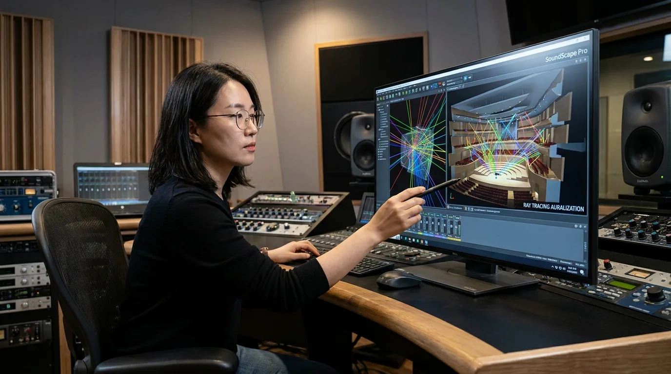 ODEON과 Treble 소프트웨어 인터페이스를 비교하는 화면 — 기하음향 Ray Tracing 시각화