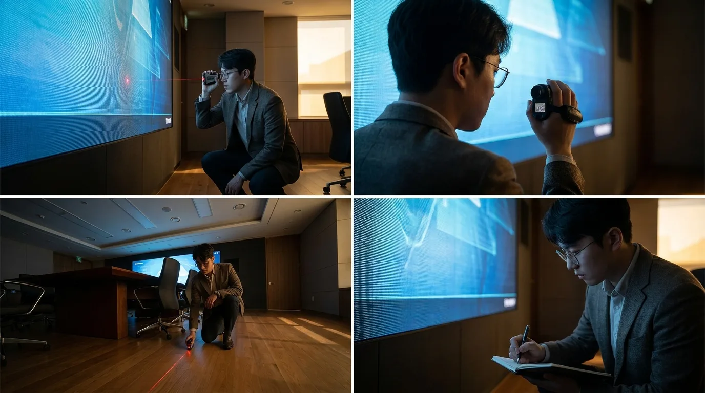 회의실에 설치된 LED 비디오월 앞에서 설명하는 AV 전문가