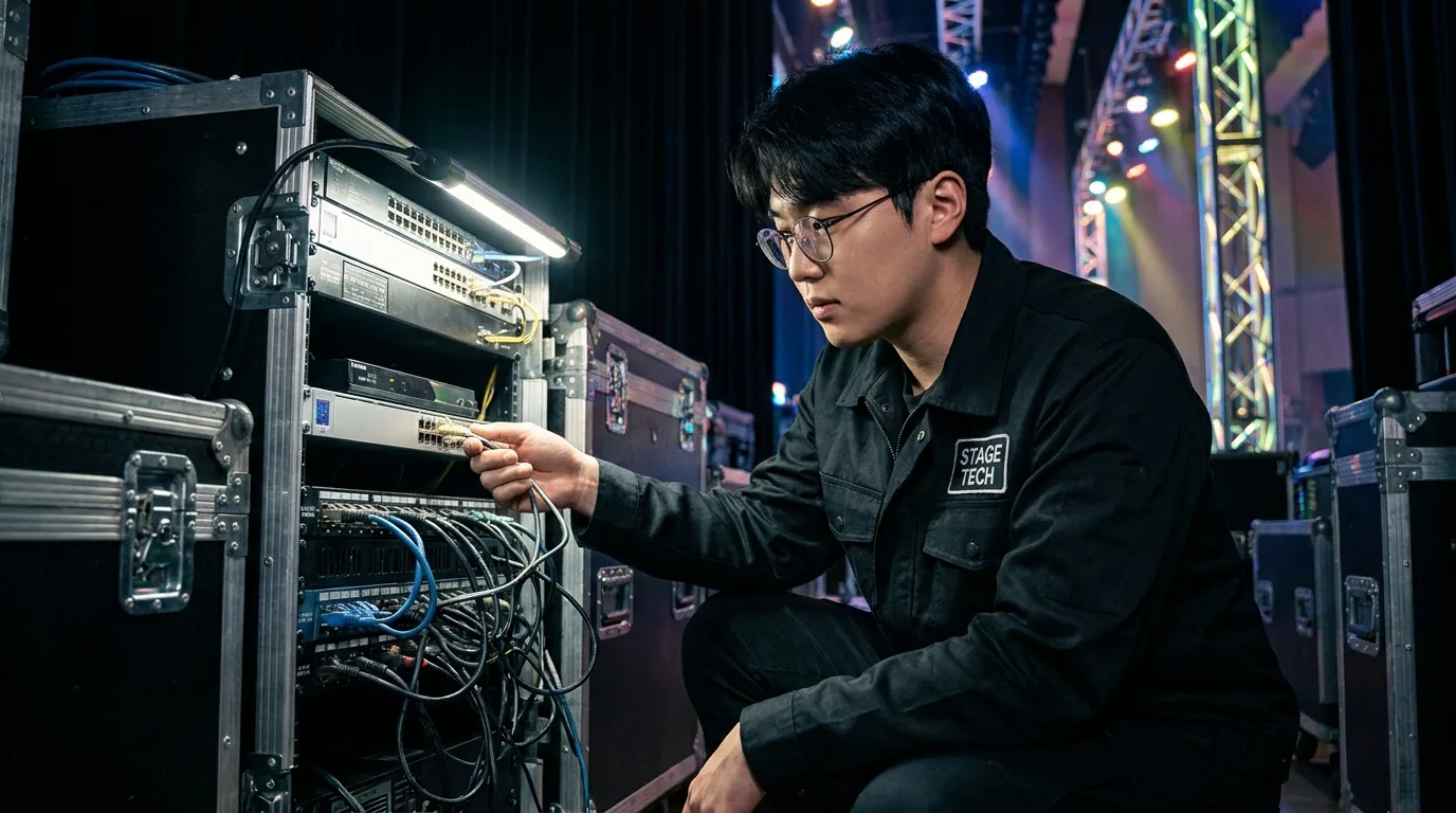 네트워크 스위치와 sACN 장비를 설정 중인 조명 기술자