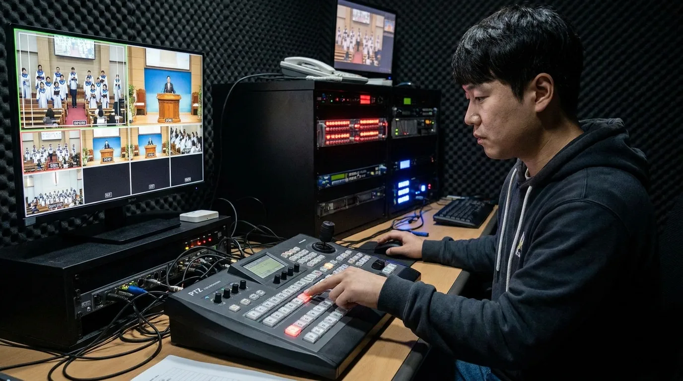 여성 자원봉사자가 스트리밍 PC 앞에서 PTZ 카메라 프리셋을 확인하는 모습
