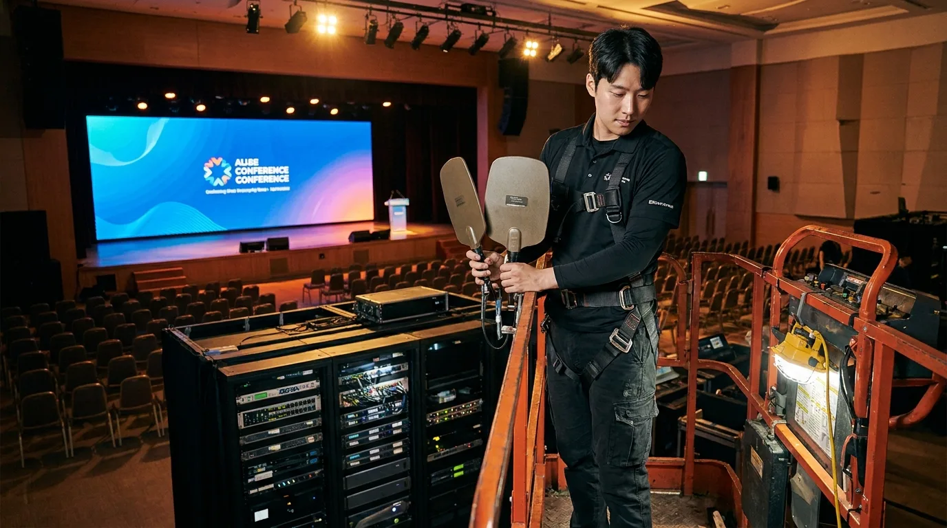 공연 전 무선 안테나 배치를 점검하는 음향 엔지니어