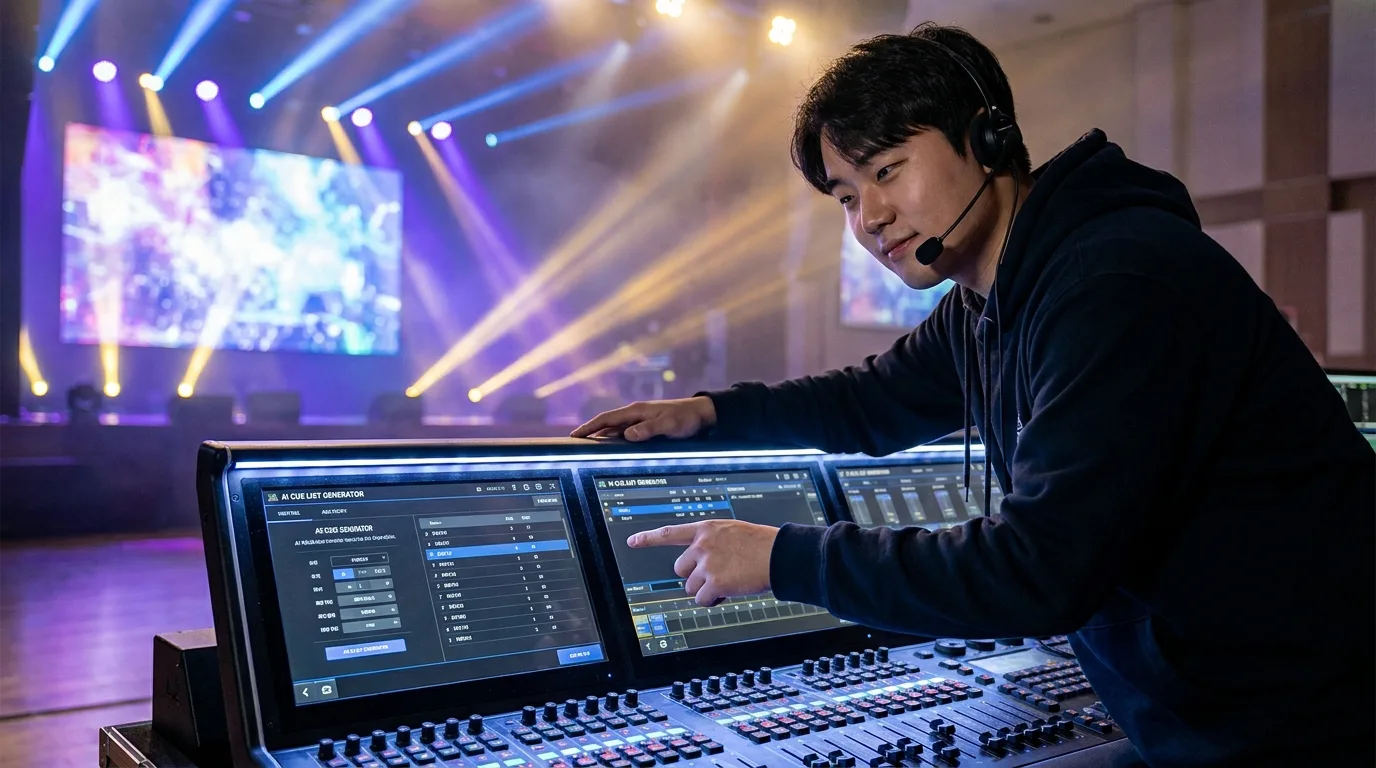 CRI TLCI 색재현 데이터를 모니터에서 검토하는 여성 조명 운영자