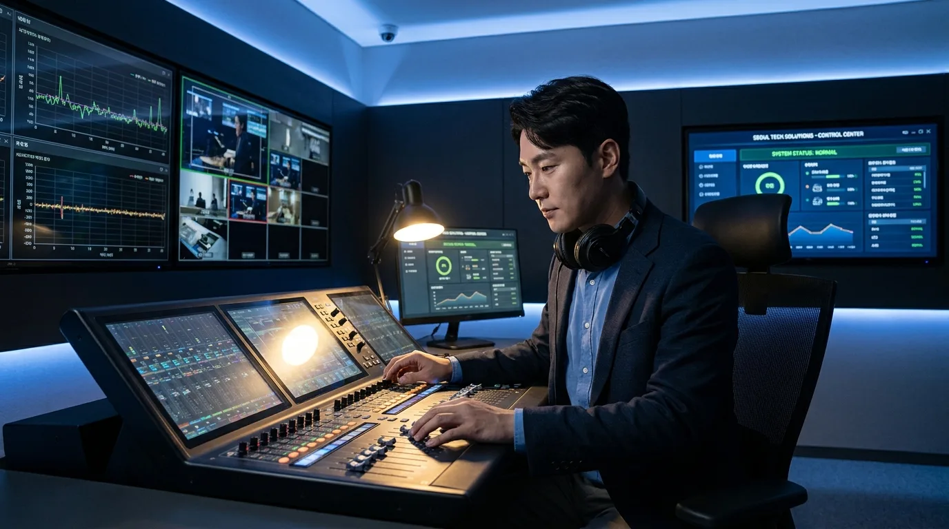 한국인 AV 시스템 엔지니어가 디지털 믹싱 콘솔과 멀티스크린 모니터링 스테이션을 운영하는 모습