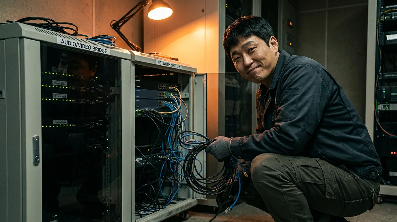 서로 다른 오디오 네트워크 케이블 더미에 파묻힌 남성 엔지니어 — AV 네트워크 표준 혼란