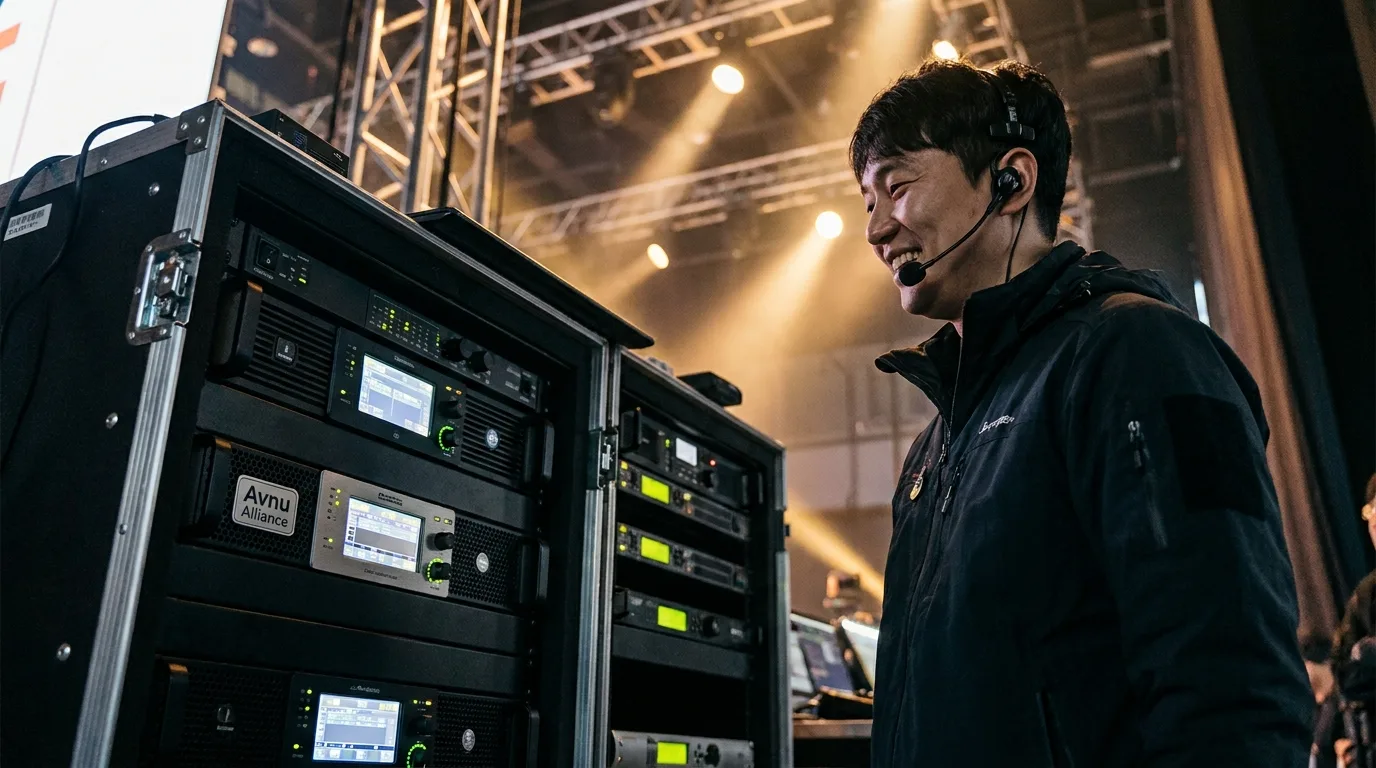 라이브 공연 현장 백스테이지의 Milan 네트워크 스위치와 멀티 브랜드 앰프 랙