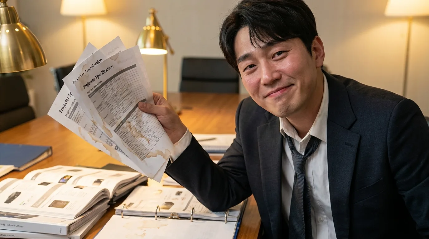 프로젝터 루멘 수치 카탈로그 앞에서 혼란스러운 구매 담당자
