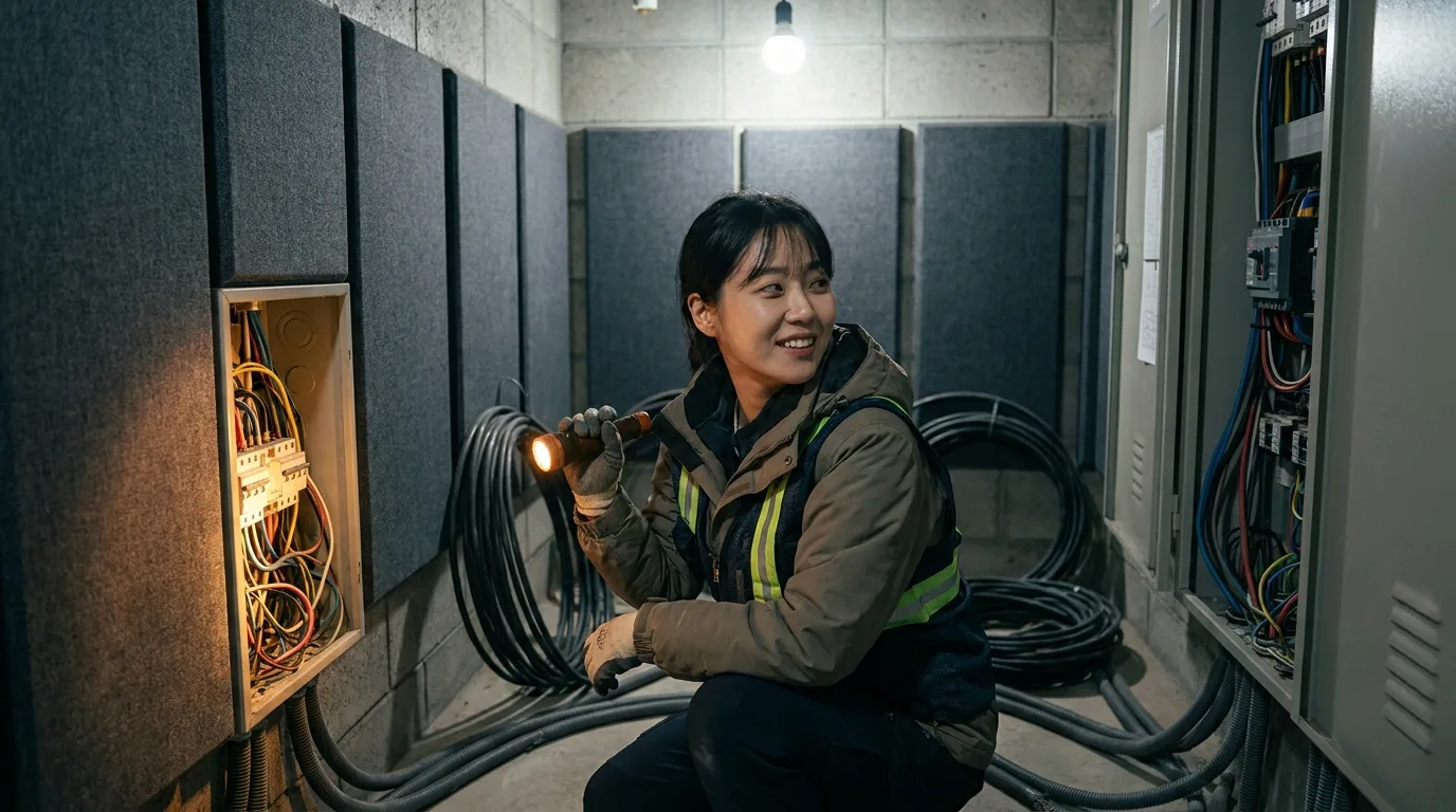 분전함 접지 배선 상태를 점검하다 문제를 발견한 담당자 — 음향 시스템 험 노이즈 원인
