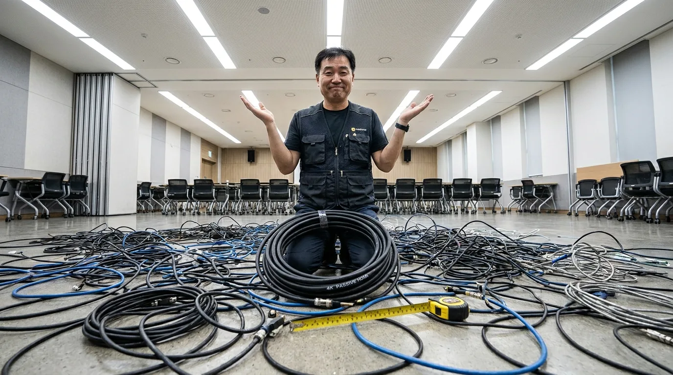 HDMI·SDI 케이블 더미에 둘러싸여 당황한 AV 엔지니어 — IP 영상 전송 이전 배선 현실