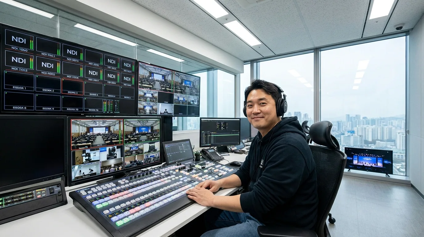 40km 떨어진 행사장 카메라를 제어실에서 원격 운용하는 엔지니어 — NDI Bridge 원거리 제어