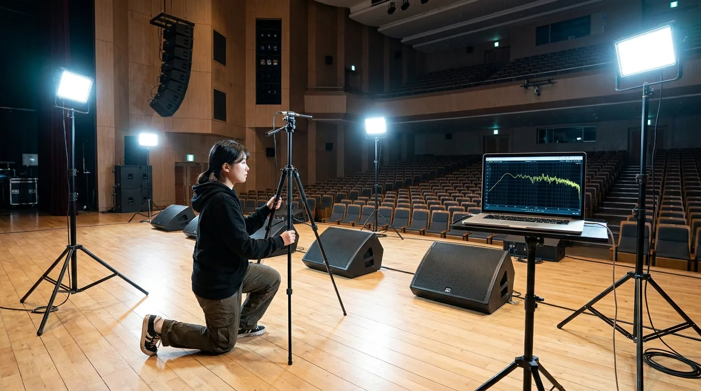 공연 전 사운드체크 중 무대에서 측정하는 음향 엔지니어