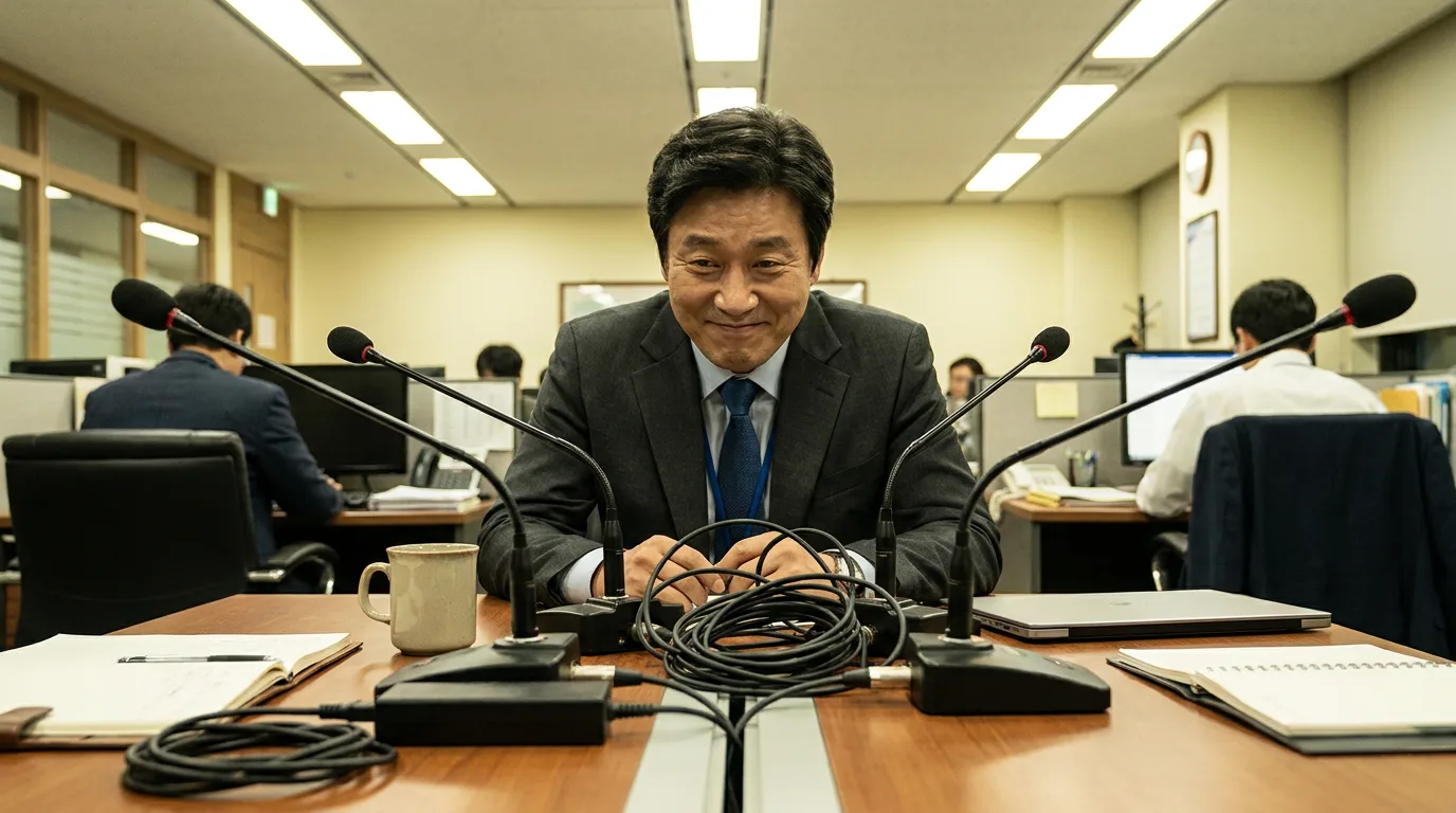 테이블마이크 케이블이 뒤엉킨 회의실에서 당황한 담당자 — 구형 음향 세팅의 현실