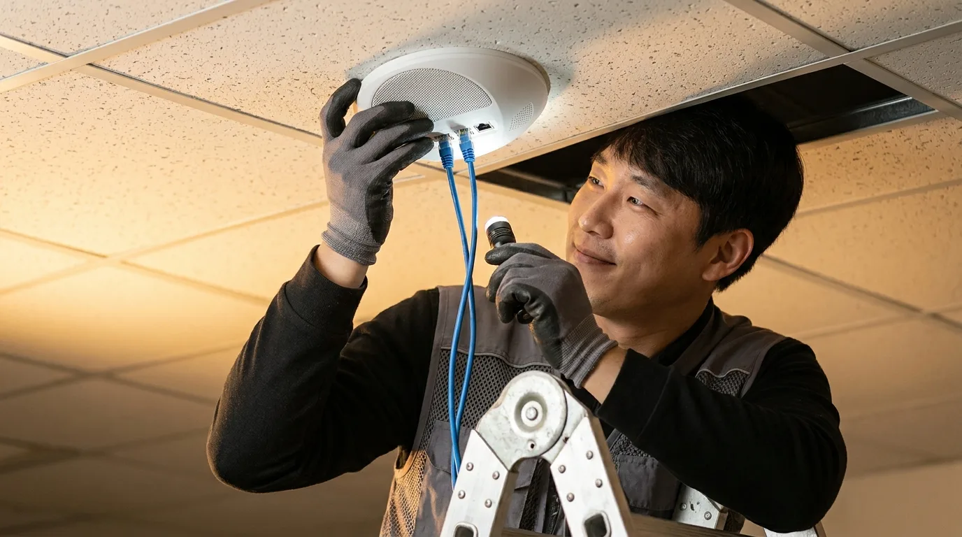 이중 RJ45 포트가 탑재된 천장형 마이크 어레이 — 오디오망과 제어망 물리 분리 설계