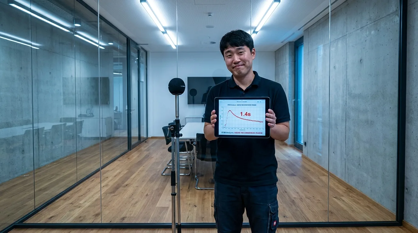 유리벽 회의실에서 RT60 측정값을 보고 경악한 AV 엔지니어 — 건축음향 선행 조건의 중요성