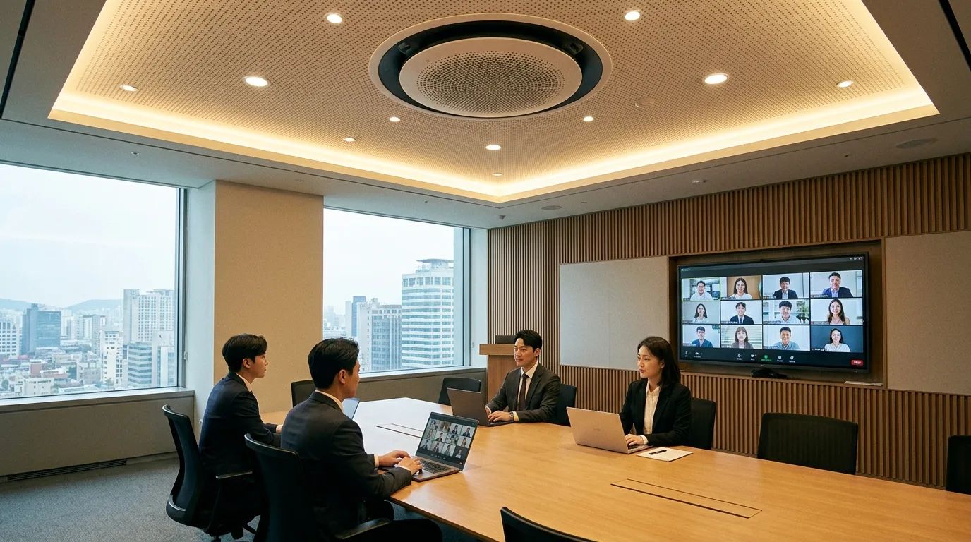 천장형 마이크가 설치된 하이브리드 회의 현장 — 원격 참가자와 현장 참가자 동등한 음향 품질