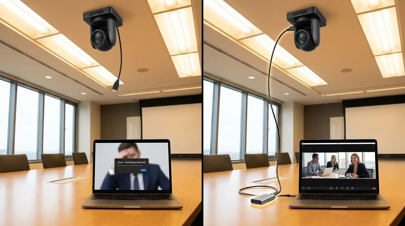 HDMI PTZ 카메라에서 캡처카드를 경유해 화상회의 소프트웨어로 신호가 전달되는 흐름도
