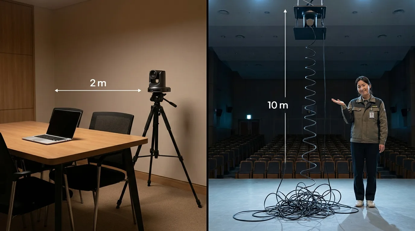 USB·HDMI·IP 세 가지 화상회의 카메라 연결 방식 앞에서 고민하는 여성 AV 엔지니어