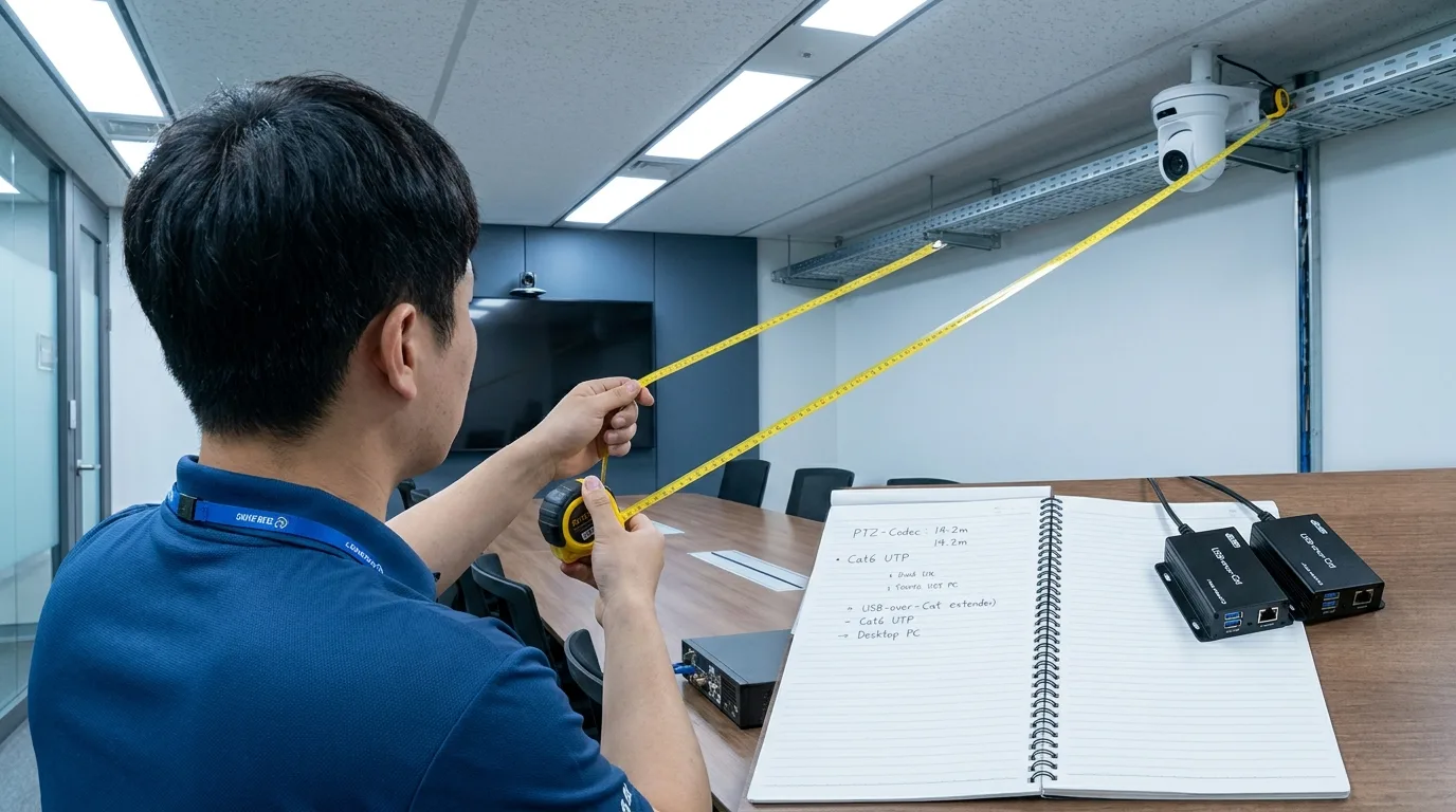 회의실 규모에 따른 화상회의 카메라 연결 방식 선택 흐름도 — 허들룸 USB, 중대형 HDBaseT, 대강당 NDI