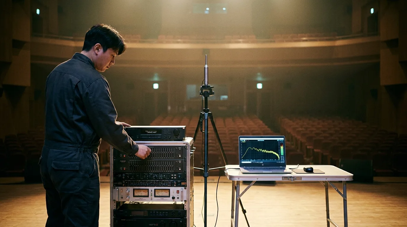 DSP 화면에서 파라메트릭 EQ 주파수 응답 곡선 설정 — 현장 PA 음향 보정