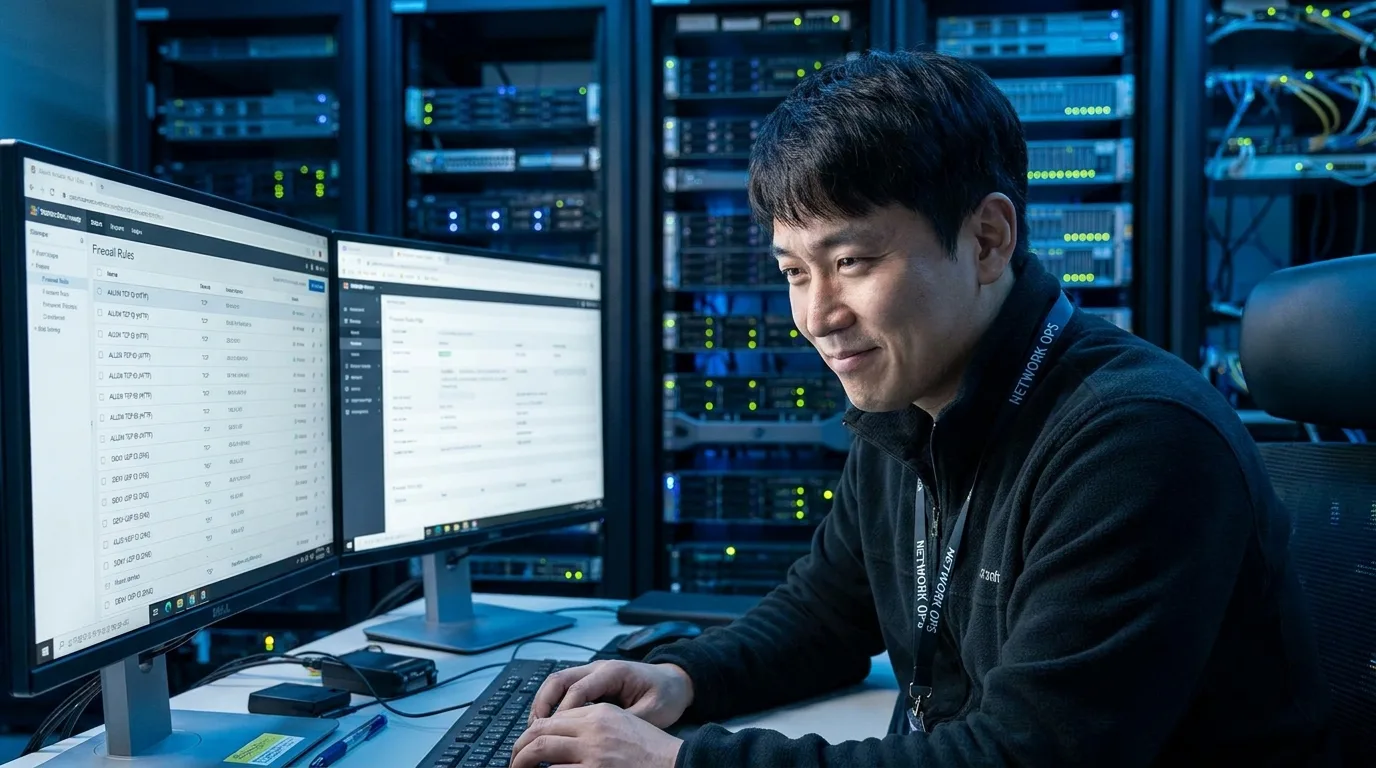 방화벽 아웃바운드 포트 규칙을 점검하는 네트워크 관리자