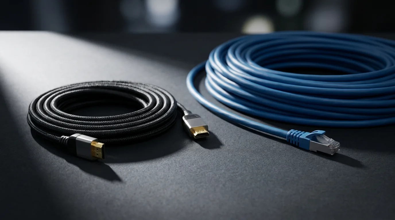 HDMI 직결과 HDBaseT 랜케이블 전송 방식의 신호 흐름 비교
