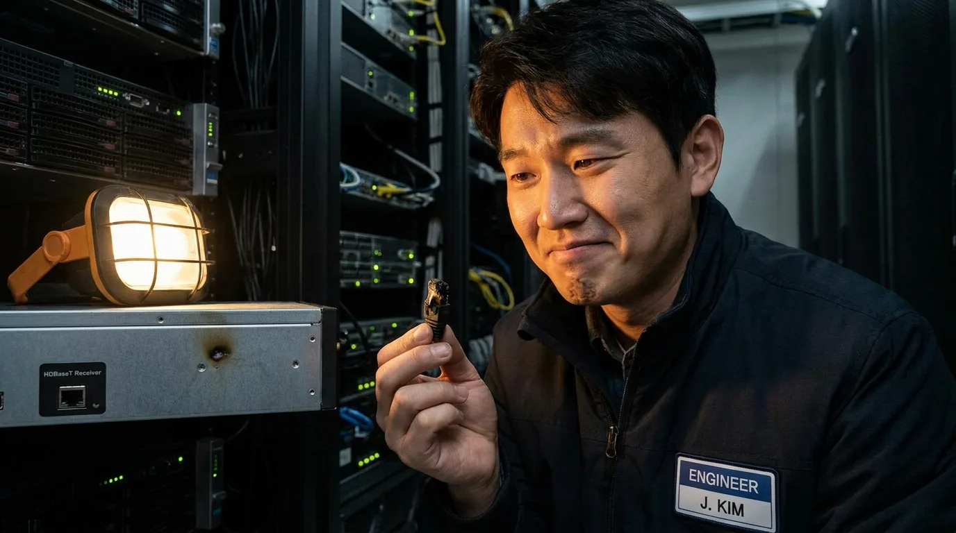 관통형 커넥터로 인해 손상된 RJ45를 보고 경악하는 엔지니어 — POH 배선 실수의 결과