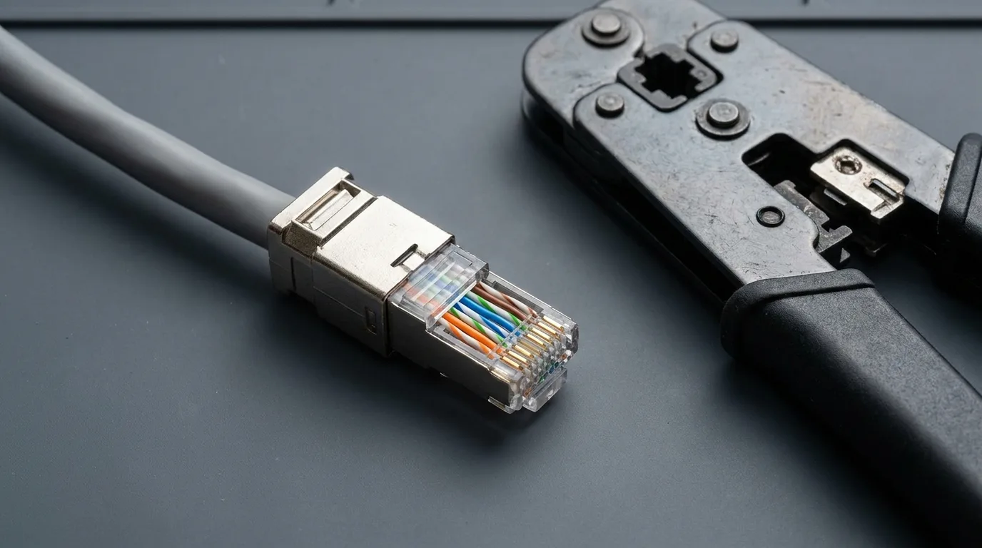 T568B 배열로 결선 중인 Cat6a 커넥터 — HDBaseT 시공 표준