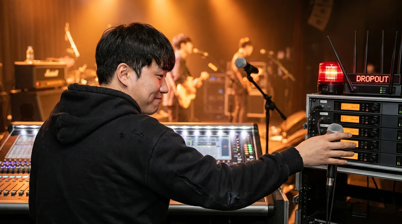 공연 중 무선 마이크 신호가 끊겨 당황하는 엔지니어 — 라이브음향 RF 트러블