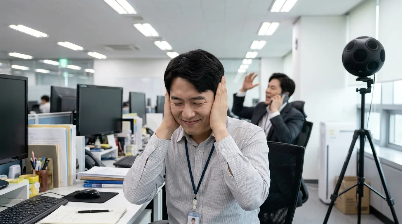 오픈오피스에서 옆자리 통화 소음에 괴로워하는 직원 — 무관한 어음 효과