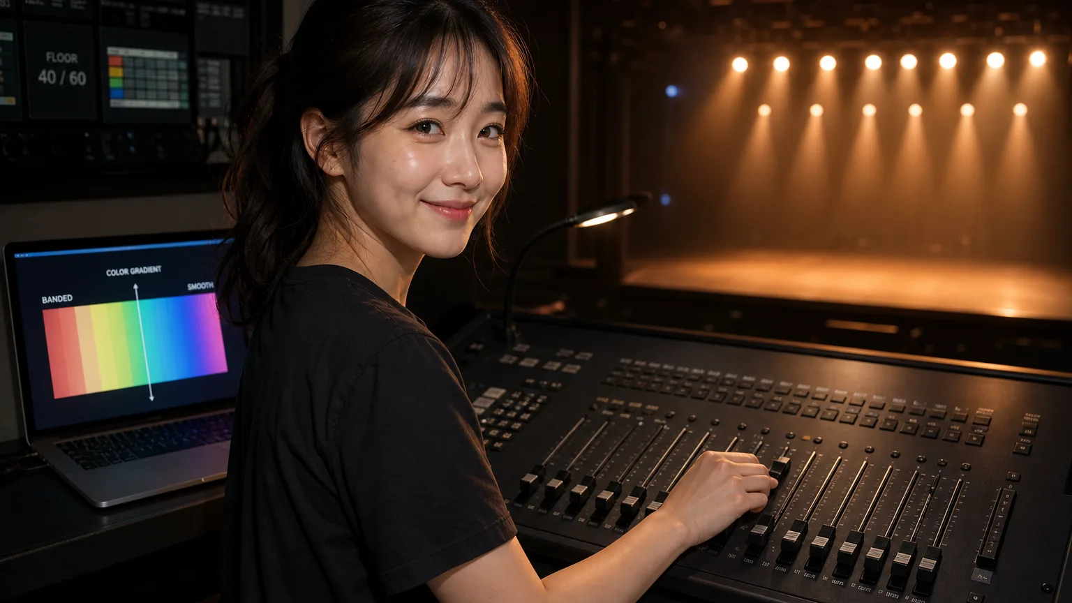 무대 조명 디머로 색 깊이 계단 현상을 설명하는 엔지니어