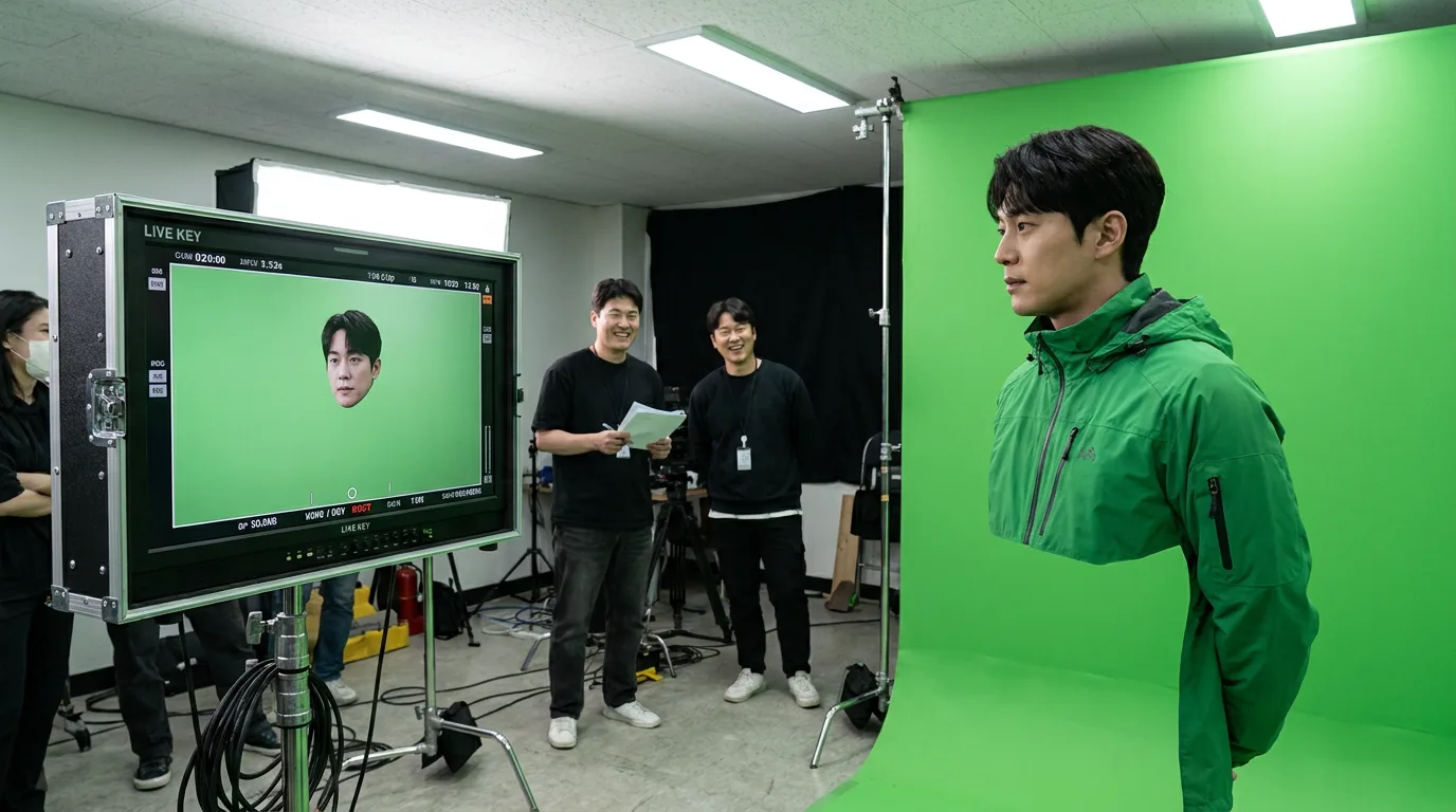 그린스크린과 같은 색 옷을 입어 몸이 사라져 보이는 배우 — 크로마키 합성 사고