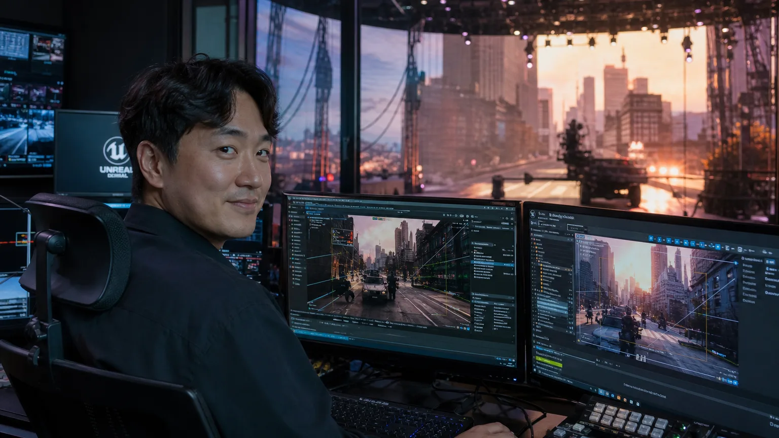 실시간 3D 렌더링 워크스테이션 — 언리얼 엔진 기반 가상 프로덕션 제어실