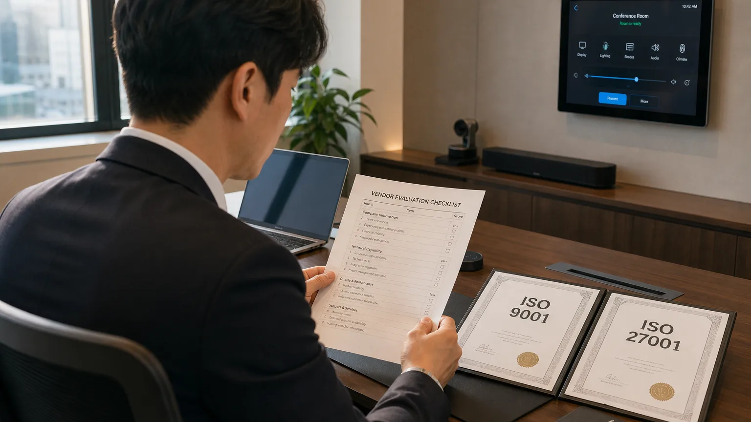 공급사 평가 체크리스트를 검토하는 컨설턴트 — 통합제어 시스템 구축 비용 최종 점검