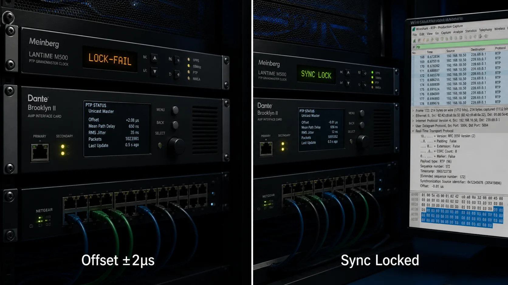 PTP 동기화 실패(LOCK-FAIL) 상태에서 동기화 완료(SYNC LOCK) 상태로 전환된 그랜드마스터 클록 — 오프셋 값 변화 비교