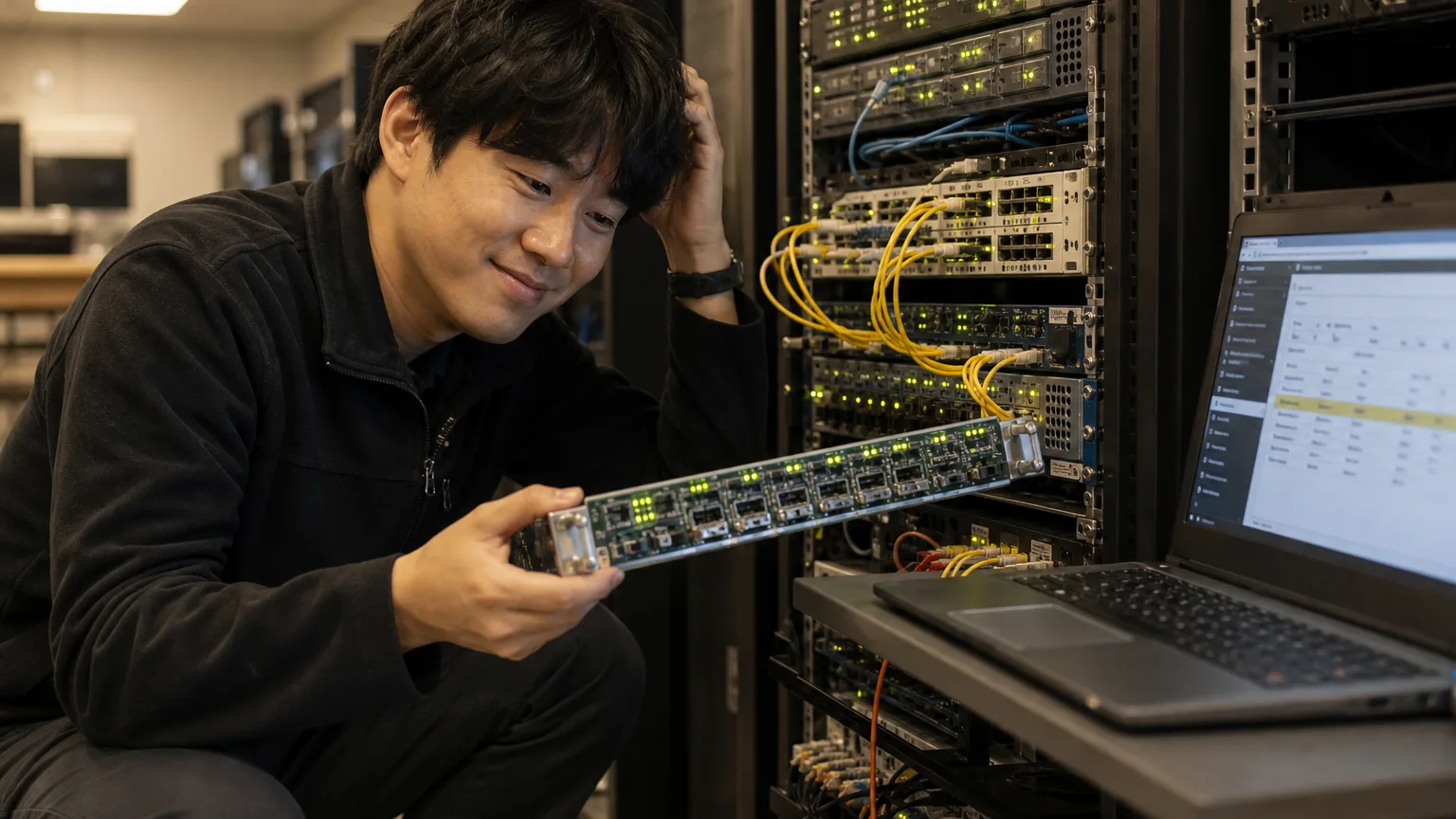 방송국 오디오 IP 인터페이스 카드가 장착된 랙 — SMPTE ST 2110-30 연동 장비