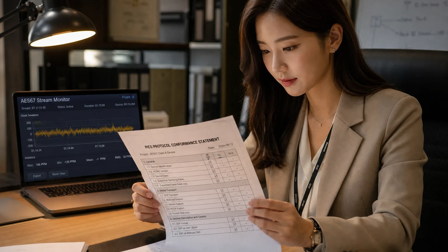 PICS 적합성 문서를 검토하는 AV 네트워크 컨설턴트