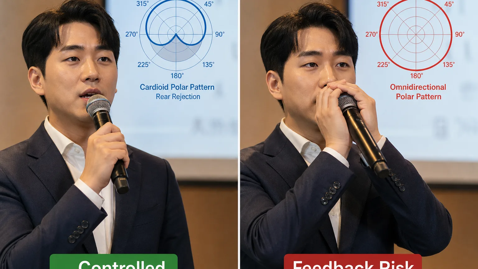 마이크 정상 파지 시 카디오이드 지향성이 유지되는 것과(왼쪽, Controlled), 그릴을 감싸 쥐어 무지향성으로 변하며 피드백 위험이 커지는 것을(오른쪽, Feedback Risk) 나란히 비교한 이미지