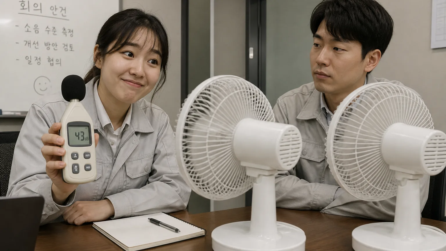 선풍기 두 대의 데시벨을 데시벨측정기로 재보고 놀라는 직장인