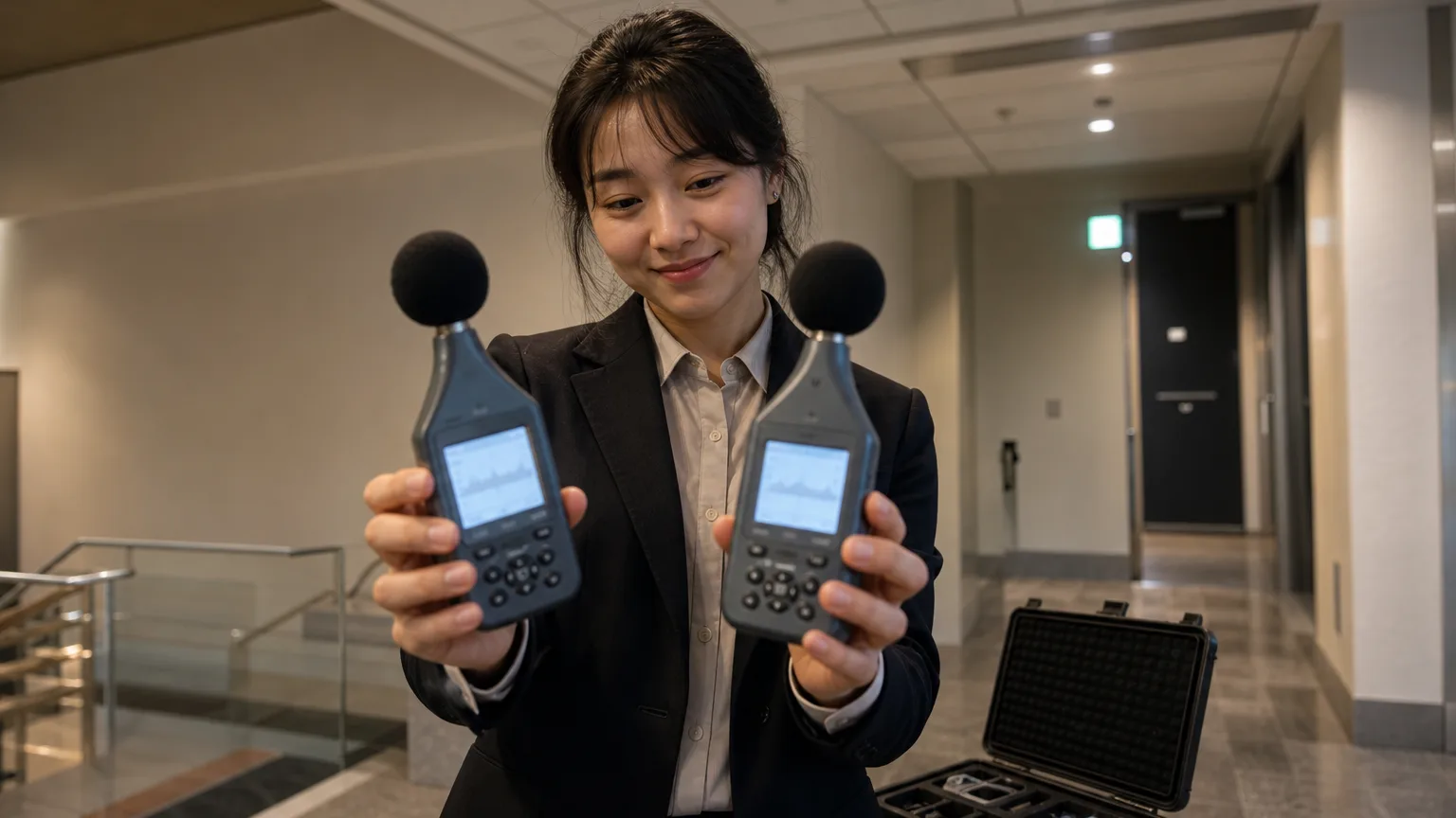 동일한 소음 환경에서 소음측정기 두 대를 양손에 들고 측정값을 비교하는 모습