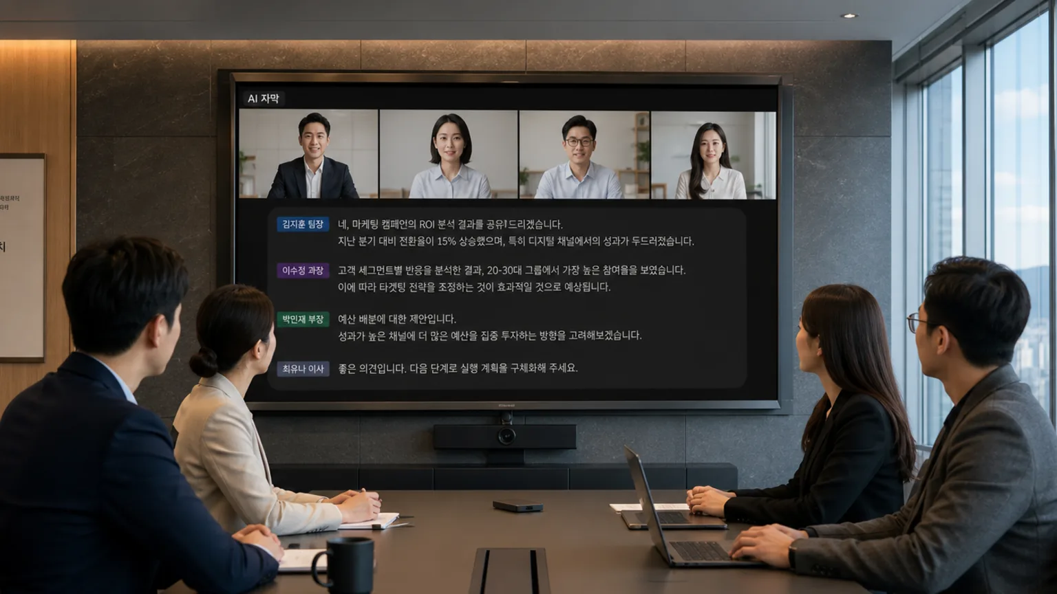 AI 자막과 화자 인식 기능이 표시된 회의실 인터랙티브 플랫패널 화면