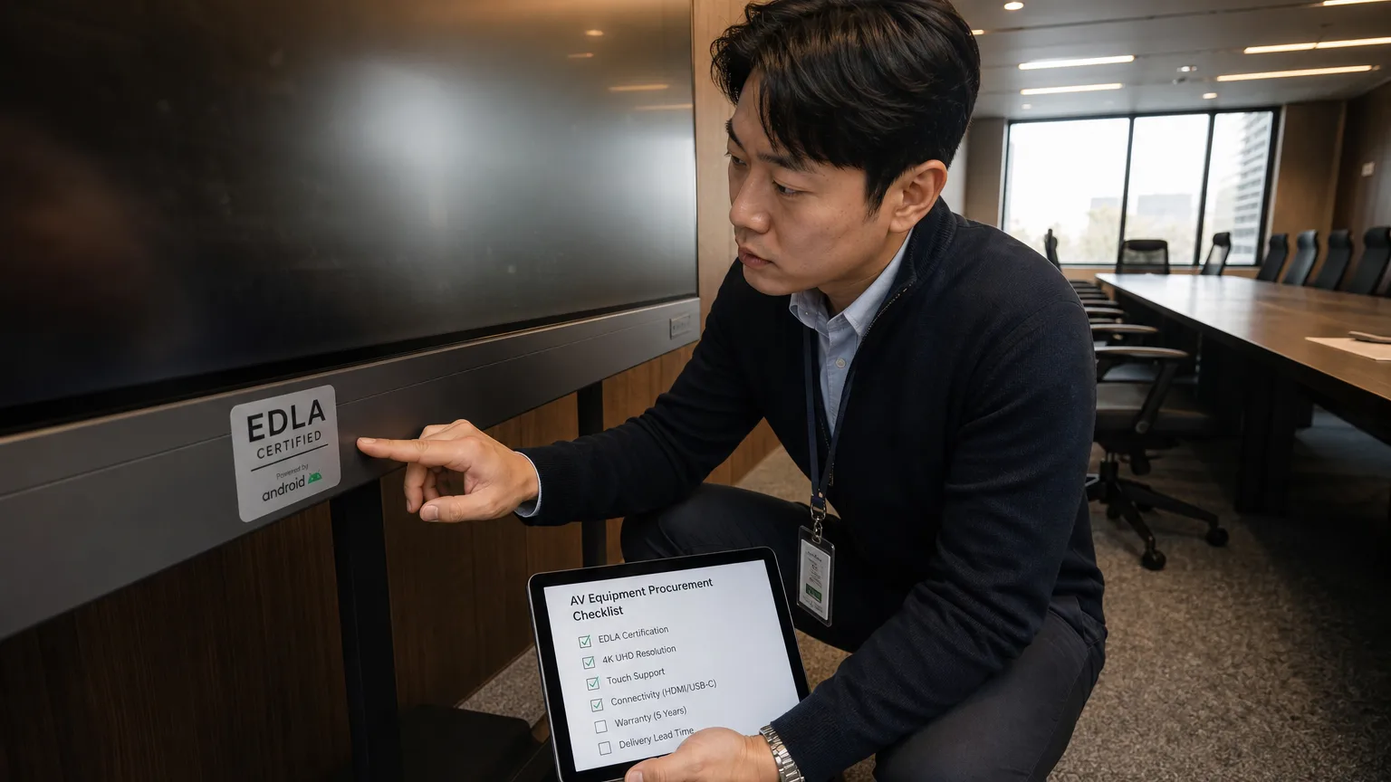 인터랙티브 플랫패널 도입 체크리스트를 검토하는 AV 컨설턴트