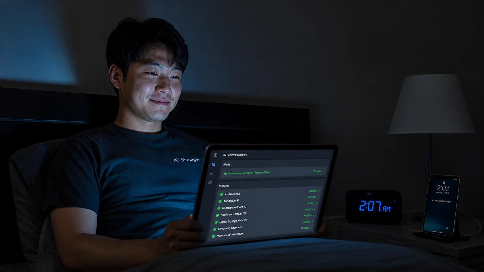 새벽 2시 통합제어 경보 문자 더미를 확인하며 당황하는 시설 담당자