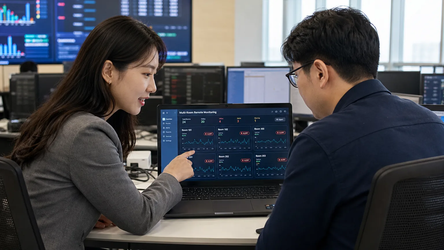원격관리 플랫폼 대시보드를 함께 검토하는 컨설턴트와 IT 담당자