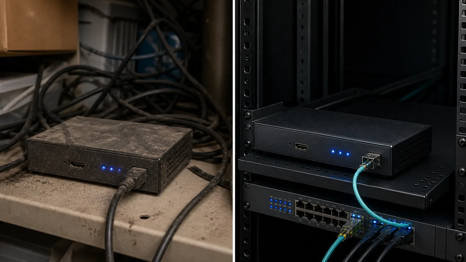 10G 스위치에 연결된 SDVoE 인코더·디코더 엔드포인트 장치