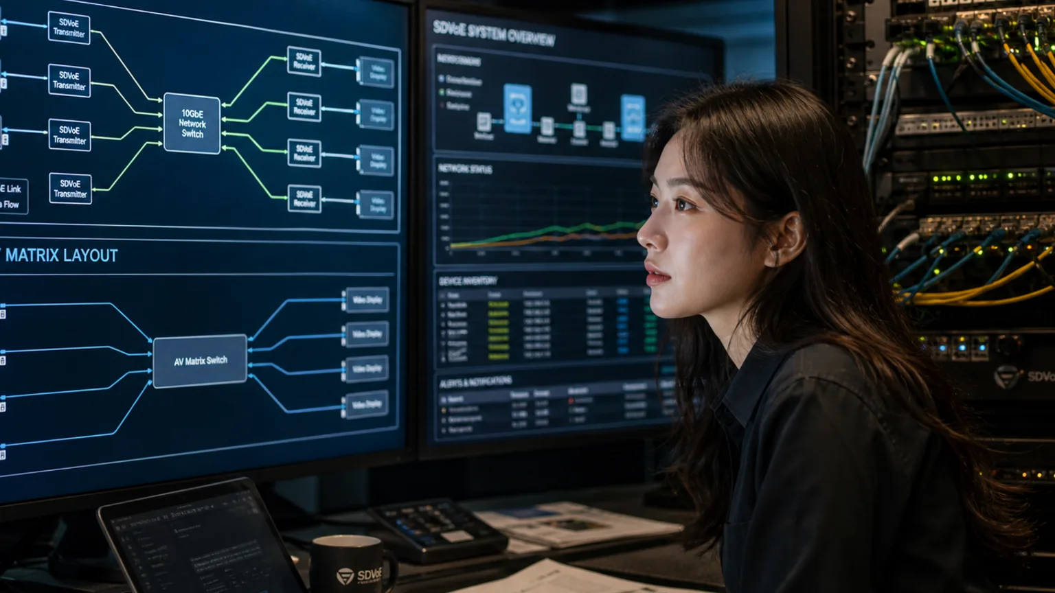 SDVoE·IPMX·Dante AV 등 표준을 비교 검토하는 컨트롤룸 장면
