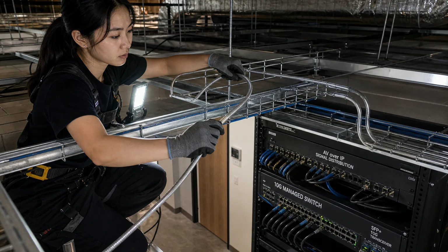 10G 케이블 배선 시공 중인 AV 네트워크 기술자 — 곡률 반경 관리 장면