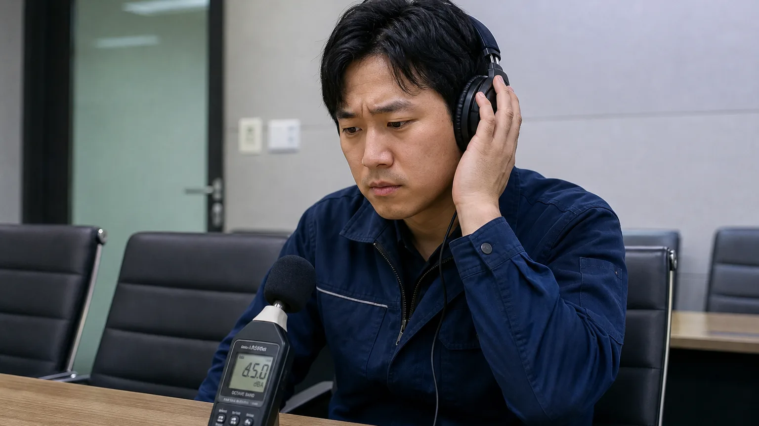 소음 수치는 낮은데 답답함을 호소하며 헤드폰으로 소리를 확인하는 시설관리자