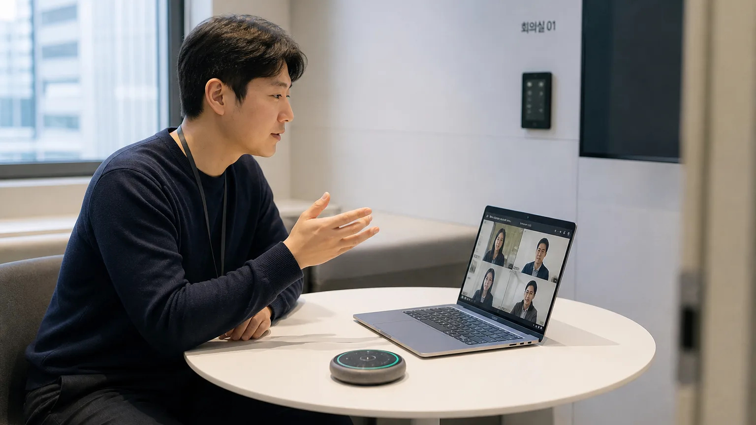 허들룸 테이블 위에 놓인 컴팩트 스피커폰과 화상회의 화면
