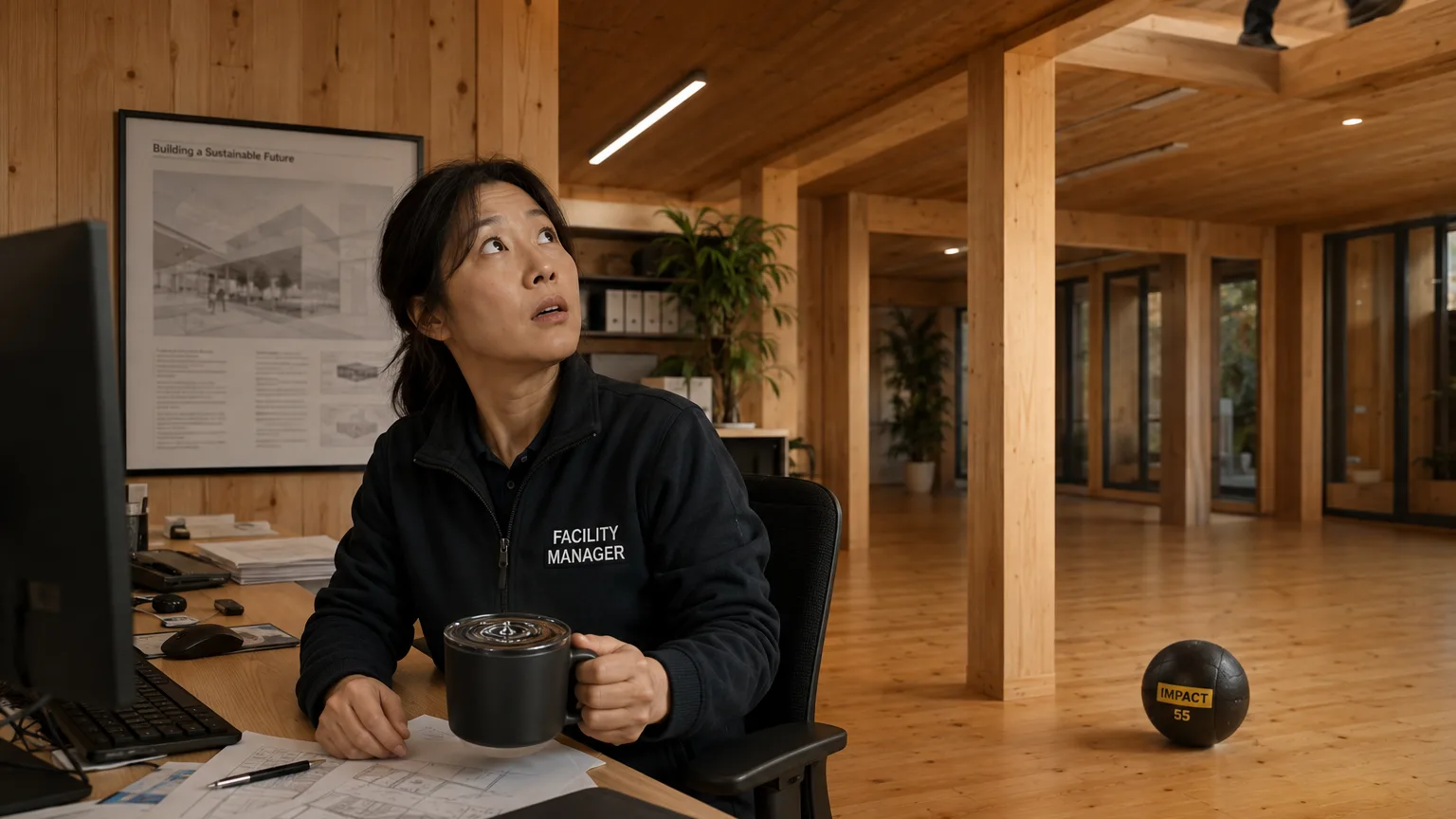 위층 발소리 진동에 커피잔이 흔들려 놀라는 목조 사옥 담당자