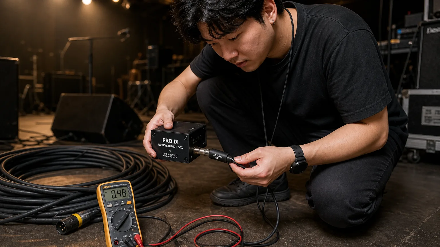 그라운드 루프 험 확인을 위해 DI박스와 접지를 점검하는 엔지니어